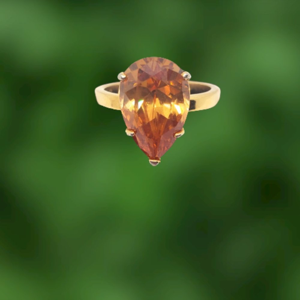 Simulated Orange-Yellow Pear Shaped Gemstone Ring Size 8
